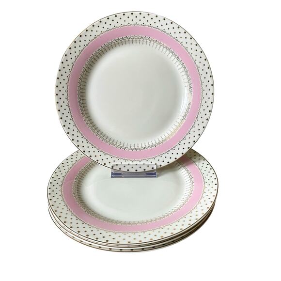 NEW Grace Teaware Fine Porcelain Salad Plates 8" Pink White Gold Dots Set of 4 - Picture 7 of 15